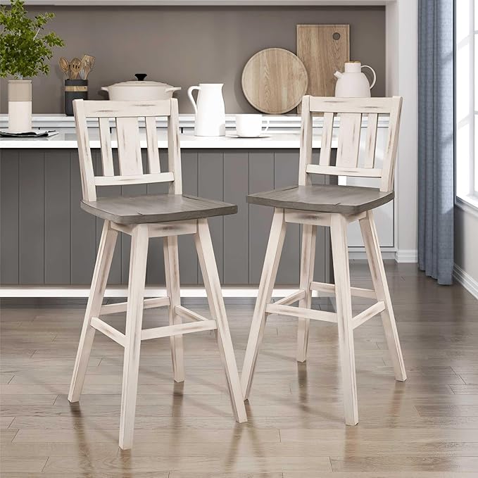 Lexicon Bar Height Bar Stools Set of 2-Solid Wood Frame 360° Swivel Wooden Stools, Foot Rest, Slat Back, Wide Seat, Distressed Farmhouse Easy to Clean Finish, 28.5" SH, Antique White/Grey