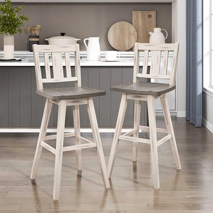 Lexicon Bar Height Bar Stools Set of 2-Solid Wood Frame 360° Swivel Wooden Stools, Foot Rest, Slat Back, Wide Seat, Distressed Farmhouse Easy to Clean Finish, 28.5" SH, Antique White/Grey