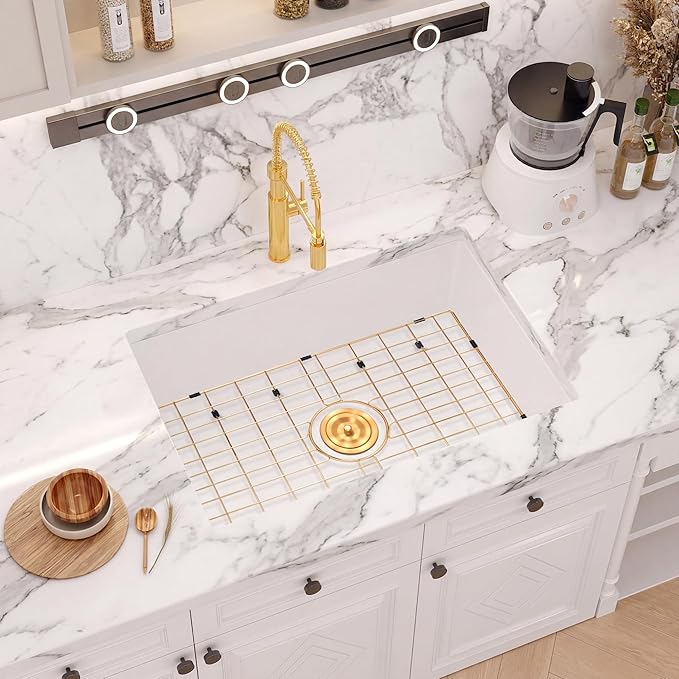 Rhbamoa White Undermount Kitchen Sink 28 inch,White Granite Composite Sink 28''x18'',9 inch Deep Quartz Sinks with Gold Accessories