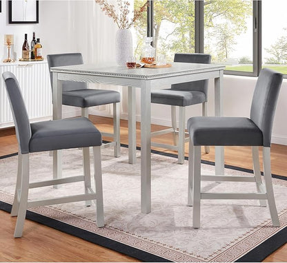5 Piece Counter Height Table Set, Wooden Kitchen Table Set with Square Table and 4 Upholstered Chairs, Counter Height Dining Table with Crystal Decoration and Chair Set, Silver Grey