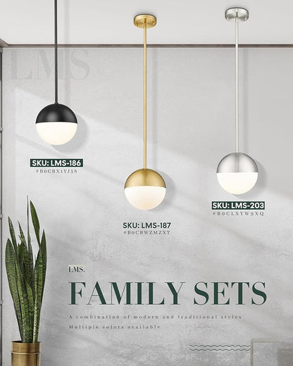 LMS 2 Pack Modern Pendant Lights, Mid Century Brushed Nickel Kitchen Lighting with White Globe Glass Shade, Adjustable Hanging Light Fixtures Ceiling Light for Home Office Dining Room, LMS-186BN2PK