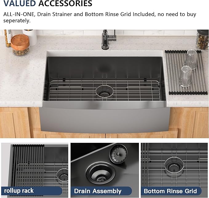 Lordear Gunmetal Black Farmhouse Sink Stainless Steel Farm 33 inch16 Gauge Apron Front Deep Single Bowl Stainless Steel Kitchen Farm Farmer Style Sinks
