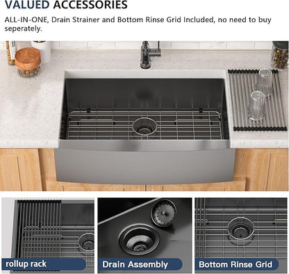 Lordear Gunmetal Black Farmhouse Sink Stainless Steel Farm 33 inch16 Gauge Apron Front Deep Single Bowl Stainless Steel Kitchen Farm Farmer Style Sinks