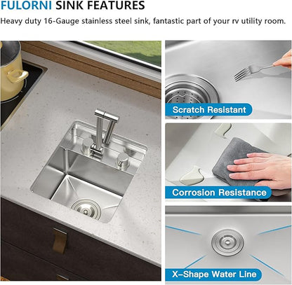 13"x15" Undermount RV Kitchen Sink Workstation – 16 Gauge 304 Stainless Steel Under Counter Single Bowl Basin with Foldable Faucet for RV, Camper, Mobile Home, Wet Bar, Outdoor Kitchen