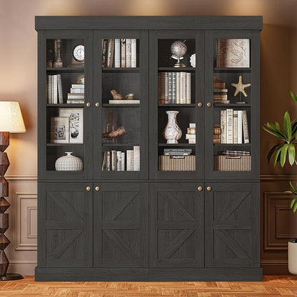 ivaniti 71" Tall Farmhouse Kitchen Pantry, Rustic Large Storage Cabinet with Glass Doors, Adjustable Shelves, Wood Versatile Hutch Cabinet for Dining Room, Living Room, Black
