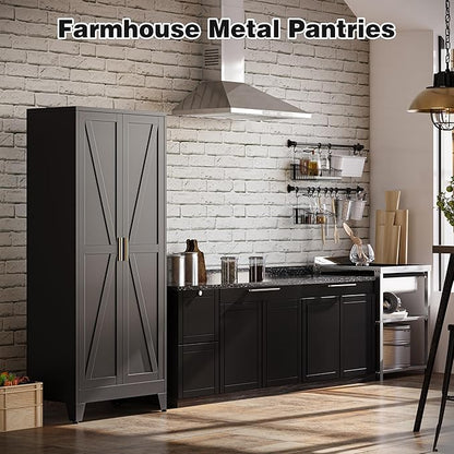 Bevivog 71" Kitchen Pantry Cabinet, Metal Storage Cabinet with 2 Doors and 4 Adjustable Shelves, Farmhouse Tall Metal Pantries Cabinets Storage for Kitchen, Home Office