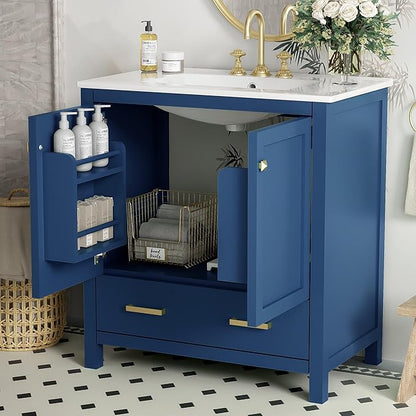 GDFStudio 30" Bathroom Vanity Sink Combo with 1 Drawers & 2 Soft Closing Doors Floor Mount Freestanding Wood Bathroom Storage Cabinet Set with Ceramic Basin Sink Top for Small Bathroom Space, Blue