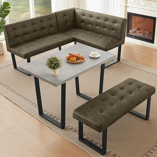 HIPIHOM 3-Piece Corner Dining Table Set with Bench, 70 Inch Space-Saving Breakfast Nook for Kitchen & Dining Room(Grey Table+Left Seat Brown Chairs)