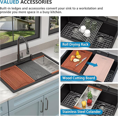 33"x22" Granite Composite Kitchen Sink Double Bowl - Matte Black Ledge Workstation Drop In Top Mount Double Bowl 50/50 Quartz Classic Above Counter Basin
