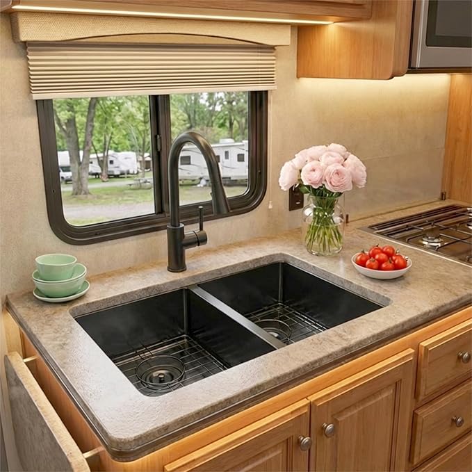 Black RV Kitchen Sink 27 X 16 inch,50/50 Double Bowl Undermount Kitchen Sink,16 Gauge Stainless Steel Kitchen Sinks for RV