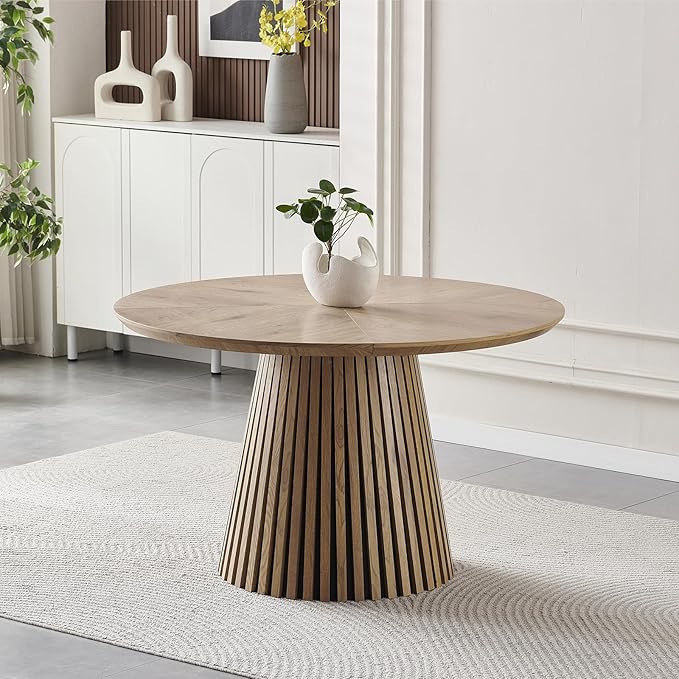 47 inch Round Dining Table for 4-6, Wooden Circle Round Kitchen Table with Wood Strip Pedestal Base, Modern Farmhouse Round Dining Room Table for Family Meals, Gatherings, Dinner Party, Living Room