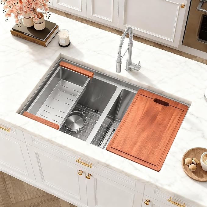 31 Inch Sink Undermount Double Bowl, 16 Gauge 50/50 Double Bowl Stainless Steel Workstation Sink, 31"x18"x9" Large and Deep Kitchen Sink With Accessories