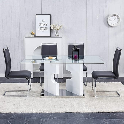 63” Glass Dining Table for 4–6 People, Modern Kitchen Table with Tempered Glass Top, Dining Room Table with White MDF Legs for Kitchen Dining Room