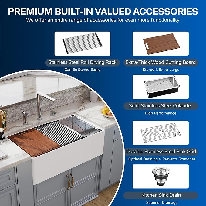30 White Farmhouse Sink Workstation, Hugsleek Undermount Farm Kitchen Sink 30x20 inch Apron Front White Porcelain Ceramic Fireclay Sinks Ledge Accessories Single Bowl Under Counter Farmer Sinks Basin