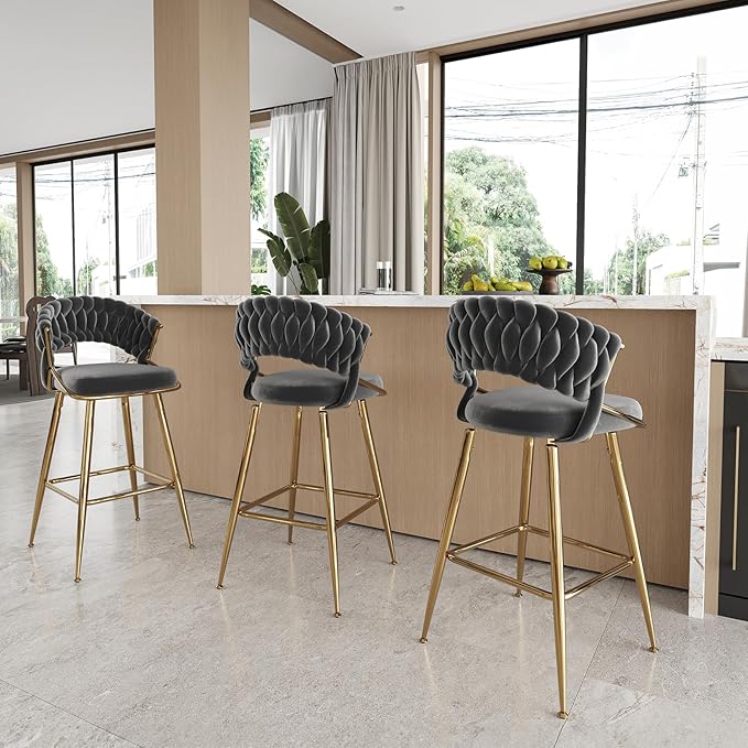25.2" Velvet Counter Stool with Gold Accents, Ergonomic Plush Seat for Kitchen Island Bar