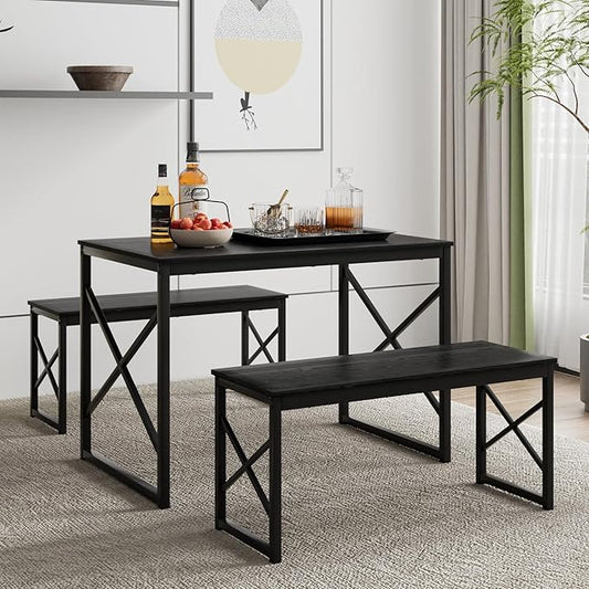 VECELO Kitchen Dining Table Benches Set for 4, 43.3" Wooden Dinette with 2 Benches, Heavy-Duty Dining Room Table for Small Space, Breakfast Nook, Black