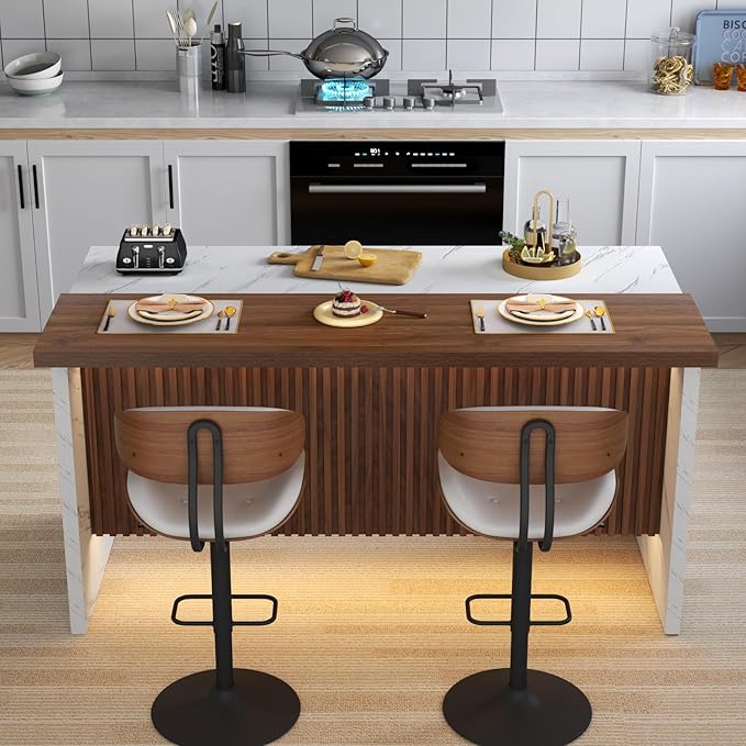 Gyfimoie 63" Large Imitation Marble Bar Table,Island Table with LED Lights,Mordern Marble Stripes Dining Table with Grille Design for Home Kitchen, Living Room, Balcony, Basement(White)
