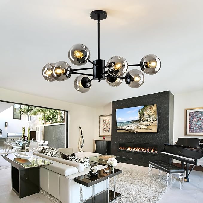 SZXYKEJI 8-Light Sputnik Chandelier Black Mid Century Glass Globe Ceiling Light Fixture Modern Bubble Chandelier for Dining Room Living Room Kitchen Bedroom Farmhouse.