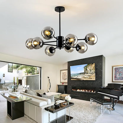SZXYKEJI 8-Light Sputnik Chandelier Black Mid Century Glass Globe Ceiling Light Fixture Modern Bubble Chandelier for Dining Room Living Room Kitchen Bedroom Farmhouse.