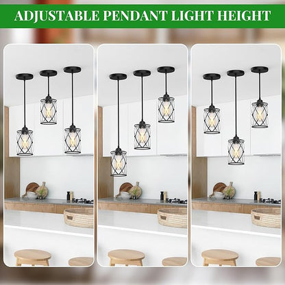 3 Light Pendant Lighting, Farmhouse Hanging Light Fixture for Kitchen Island & Dining Room, Industrial Vintage Ceiling Lamp with E26 Base, Adjustable Height, Matte Black with Glass Shades