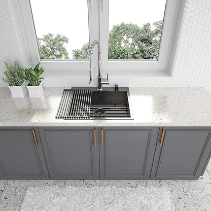 25x22 Drop In Kitchen Sink Black 16 Gauge Stainless Steel Single Bowl Drop Kitchen Sinks Nano PVD Gunmetal Black Handmade Large Deep Topmount Sinks, 25x22x9 Inch