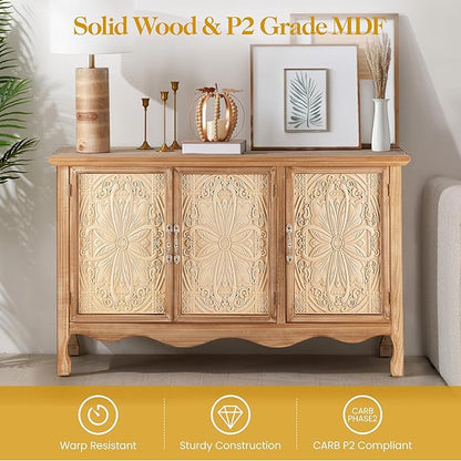 RoyalCraft Farmhouse Sideboard Buffet Cabinet with Storage, 49" Solid Wood Credenza Buffet Table Coffee Bar Wine Bar Storage Cabinet with 3 Doors for Dining Room Living Room Hallway, (Provence Grain)