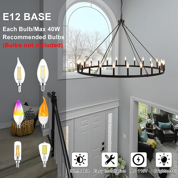 ANKYLHUA 52 inches Black Wagon Wheel Chandelier- 24 Light Large Farmhouse Chandelier Industrial Rustic Dining Room Light Fixture Round High Ceiling Pendant Light for Living Room Entryway Foyer