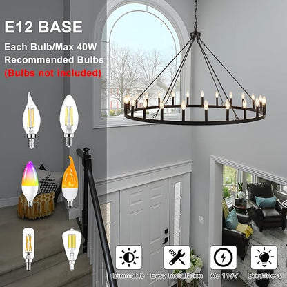 ANKYLHUA 52 inches Black Wagon Wheel Chandelier- 24 Light Large Farmhouse Chandelier Industrial Rustic Dining Room Light Fixture Round High Ceiling Pendant Light for Living Room Entryway Foyer