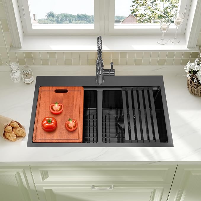 LQS 33 Inch Black Drop in Kitchen Sink, Spacious 33 x 22 Drop In Kitchen Sink 50/50 Double Bowl, 16 Gauge Handmade Black Stainless Steel Kitchen Sink with Practical Accessories, R15 Round Corner