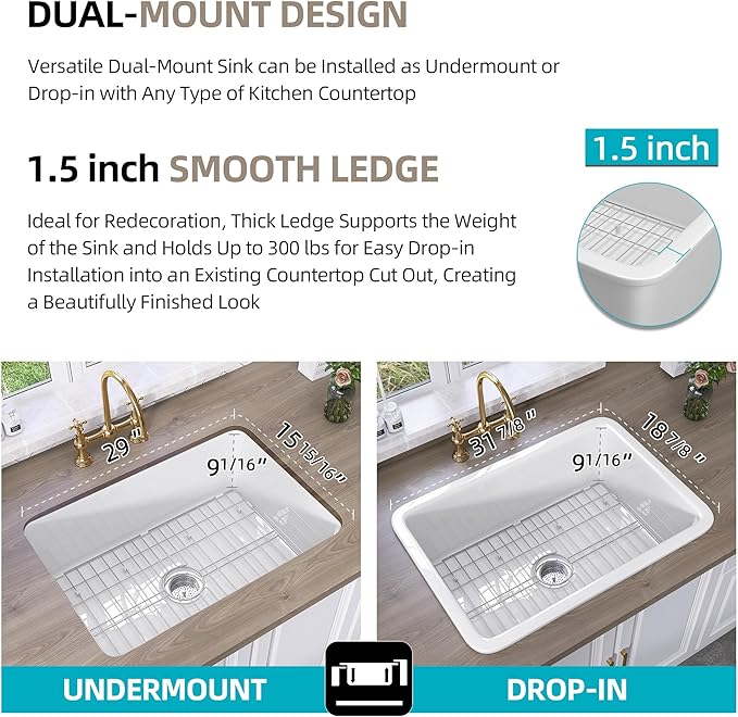 TUKTUK Undermount Kitchen Sink 32 x19 Fireclay Drop-in Farm Sink Porcelain Single Bowl Topmount Large & Deep Basin Luxury Accessory Kit Included