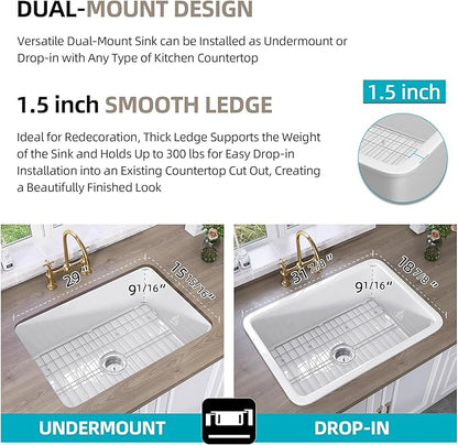 TUKTUK Undermount Kitchen Sink 32 x19 Fireclay Drop-in Farm Sink Porcelain Single Bowl Topmount Large & Deep Basin Luxury Accessory Kit Included