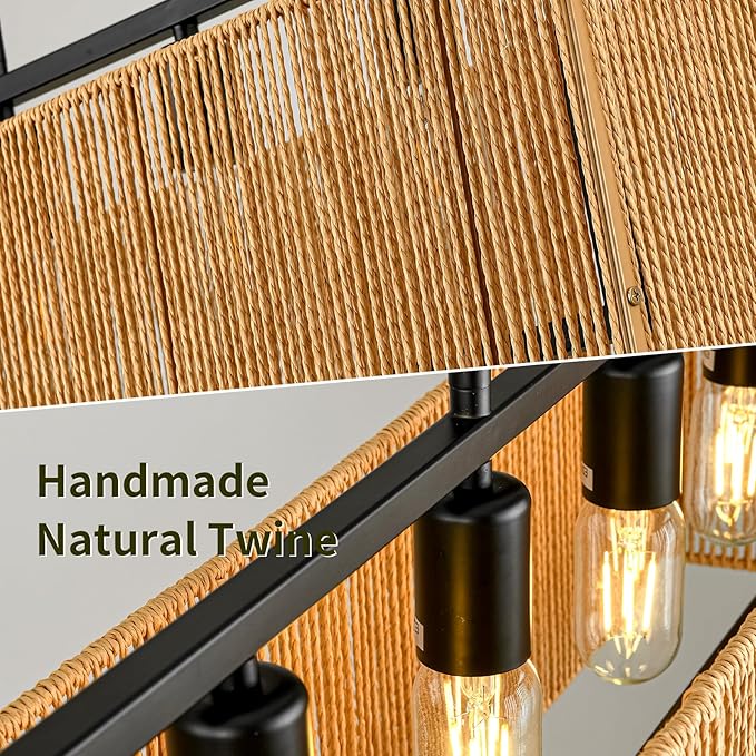 4-Light Rattan Chandeliers for Dining Room, Boho Chandelier 32 Inch Rattan Light Fixture Farmhouse Linear Lighting Wicker Rectangular Chandelier for Kitchen Island Bar