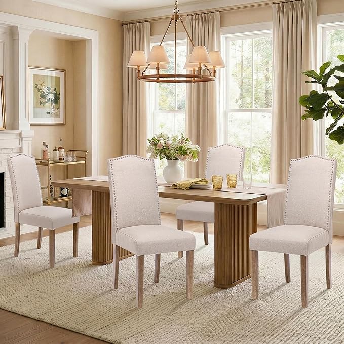 Upholstered Dining Chair Modern Stylish Parsons Kitchen Diner High Back with Silver Nailhead Trim & Wood Legs, Set of 4, Fabric Beige