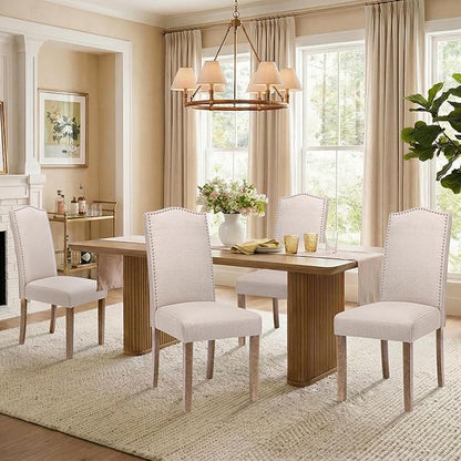 Upholstered Dining Chair Modern Stylish Parsons Kitchen Diner High Back with Silver Nailhead Trim & Wood Legs, Set of 4, Fabric Beige