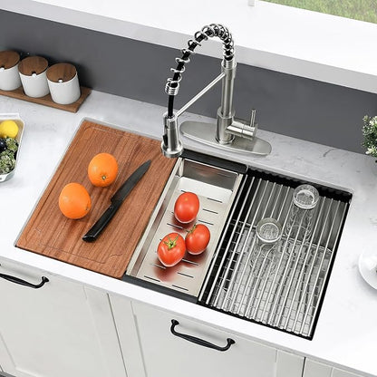 28 Inch Undermount Kitchen Sink, 28x18 Inch Stainless Steel Kitchen Sink Undermount Ledge Workstation 16 Gauge Handmade Commercial 10 Inch Deep Single Bowl Basin with Cutting Board