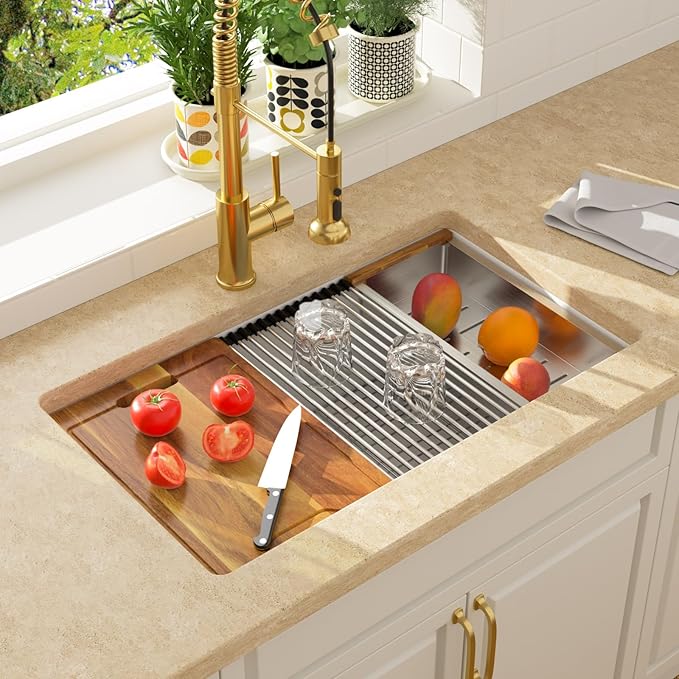 Lordear 32 Inch White Granite Composite Kitchen Sink 32x19 Inch Workstation Quartz Undermount Kitchen Sinks Under Counter Single Bowl
