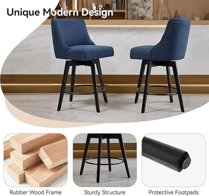 Vipbear Counter Height Bar Stools Set of 2, 26" H Swivel Bar Stools with Backs, Linen Fabric Upholstered Bar Chairs with Solid Wood Legs for Kitchen Island, Dining Room, Home Bar, Deep Blue