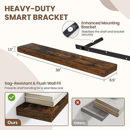 Acovy 30 Inch Floating Shelves for Wall 2 Pack, 30" Wall Shelves for Books, Storage, Decor, Wall Mounted Floating Shelf with Invisible Brackets for Kitchen, Living Room, Brown