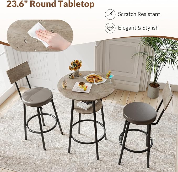 Zevemomo 3 Pieces Round Bar Table and Chairs Set, Small Dining Table for 2, Kitchen Bar Table, Breakfast Table with Storage, 2 Thickened Cushion Stools with Backrest for Dining Room & Bistro-Grey