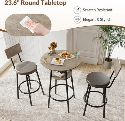 Zevemomo 3 Pieces Round Bar Table and Chairs Set, Small Dining Table for 2, Kitchen Bar Table, Breakfast Table with Storage, 2 Thickened Cushion Stools with Backrest for Dining Room & Bistro-Grey