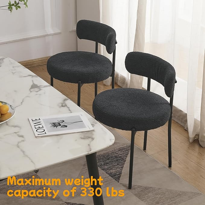 EDWELL Black Boucle Dining Chairs Set of 2, Mid Century Modern Kitchen Dining Chairs with 3.94” Cushions and Metal Legs, Round Upholstered Boucle Chairs for Kitchen, Living Room