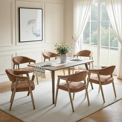 HULALA HOME Dining Chairs Set of 6, Mid-Century Modern Upholstered Dining Room Chair with Armrest, Curved Backtrst & Solid Wood Legs, Kitchen Side Chairs for Resurant, Living Room - Rust