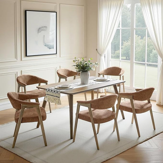 HULALA HOME Dining Chairs Set of 6, Mid-Century Modern Upholstered Dining Room Chair with Armrest, Curved Backtrst & Solid Wood Legs, Kitchen Side Chairs for Resurant, Living Room - Rust