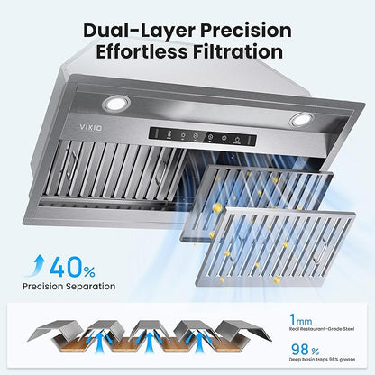 VIKIO HOME Range Hood Insert 30Inch,Built-in Kitchen Hood with 980 CFM, Ducted/Ductless Convertible Duct,Stainless Steel Kitchen Vent Hood/Gesture/Touch Control, 2 Pcs Baffle Filters with Handlebar