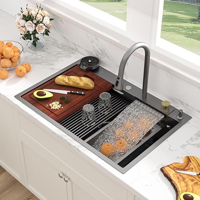 Sarlai 30 Inch Waterfall Kitchen Sink Workstation - 30x22 Black Waterfall Drop In Sink Stainless Steel 16 Gauge Sink Multifunction Single Bowl Smart Top Mount Kitchen Sinks with Faucet Combo