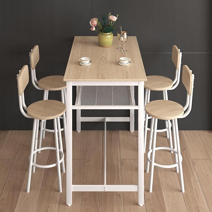 RuiSiSi 5 Piece Counter Height Dining Table Set, Heavy Duty Metal Kitchen Table Set with Storage Shelf and 4 Height Chairs, Modern Bar Table and Chairs Set for Kitchen, Dining Room, Bar, White Oak