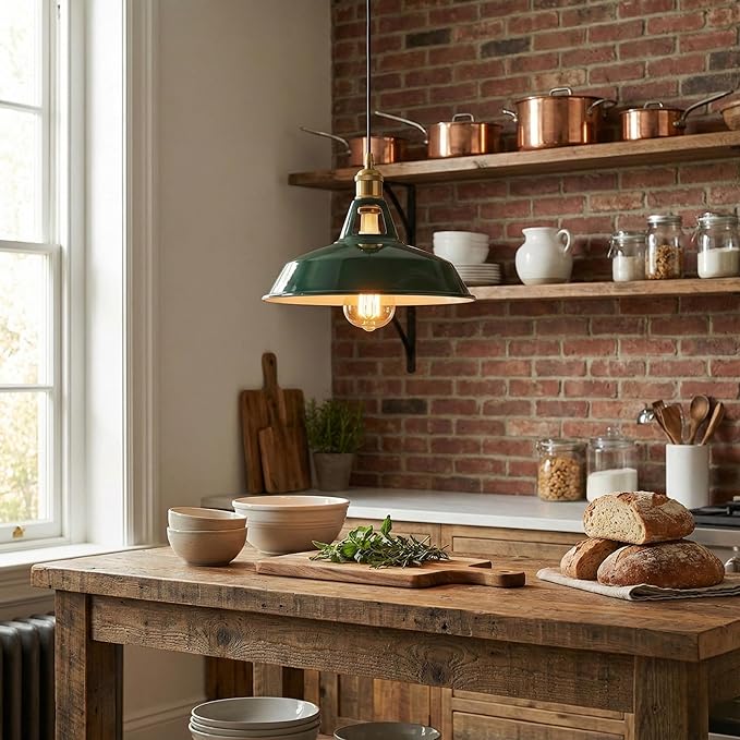 Green Industrial Farmhouse Pendant Light 1m Adjustable Cord, Vintage Barn Metal Hanging Lamp Fixture, Rustic Retro Ceiling Lighting for Kitchen Island Dining Room Bedroom E26 (Green)