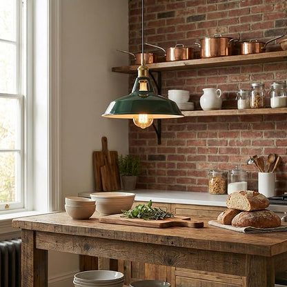 Green Industrial Farmhouse Pendant Light 1m Adjustable Cord, Vintage Barn Metal Hanging Lamp Fixture, Rustic Retro Ceiling Lighting for Kitchen Island Dining Room Bedroom E26 (Green)