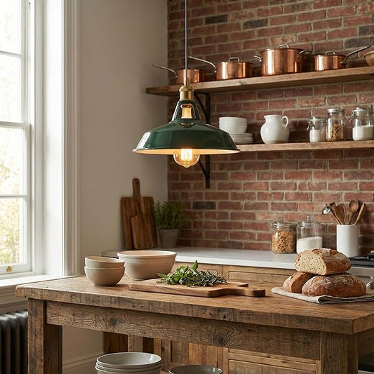 Green Industrial Farmhouse Pendant Light 1m Adjustable Cord, Vintage Barn Metal Hanging Lamp Fixture, Rustic Retro Ceiling Lighting for Kitchen Island Dining Room Bedroom E26 (Green)