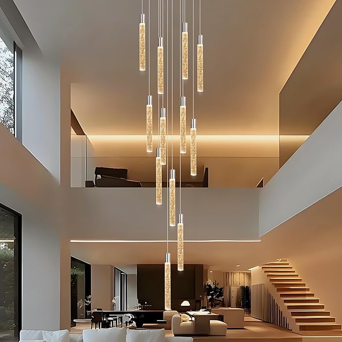 12-Lights Bubble Chandelier for Entryway High Ceiling-137 Height Adjustable Crystal Chandelier,3 Color Temperature Dimmable LED Pendant Light Fixture for Foyer Living Room Staircase,Chrome